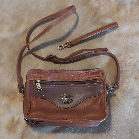 LAND Leather Crossbody Travel Hybrid Organizer Two Tone Brown 9" X 6" - Picture 2 of 13